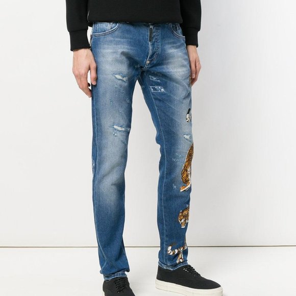 Philipp Plein Men's Blue Straight Leg Tiger Jeans - Picture 2 of 8